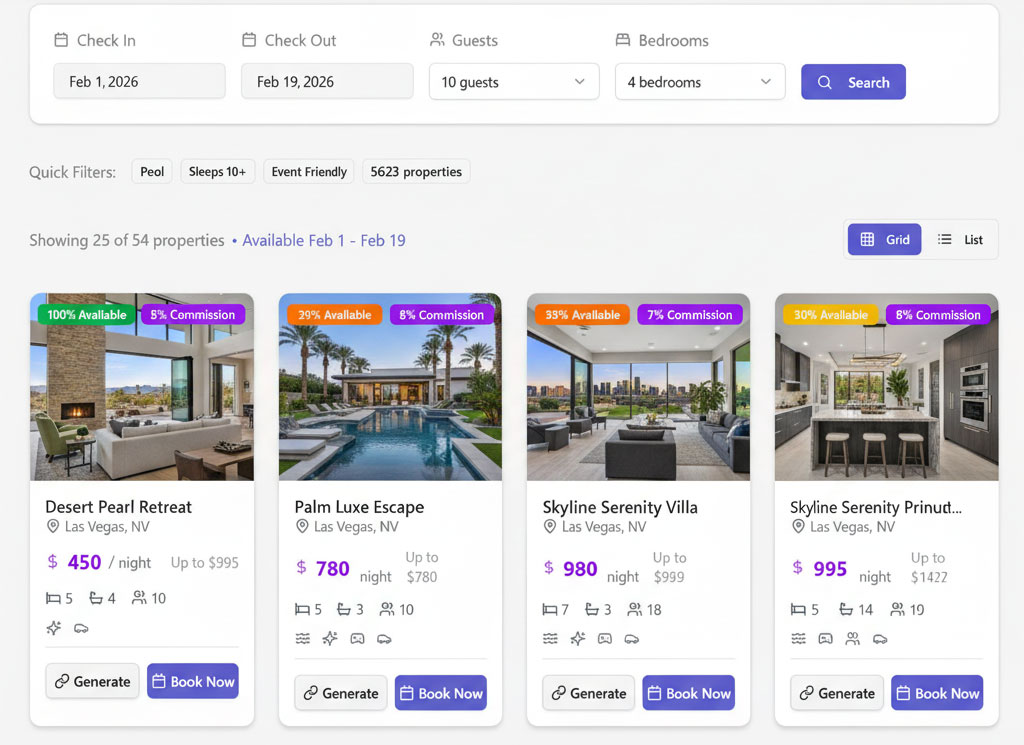 MLS Distribution Network interface showing property listings with availability percentages, commission rates, and booking options