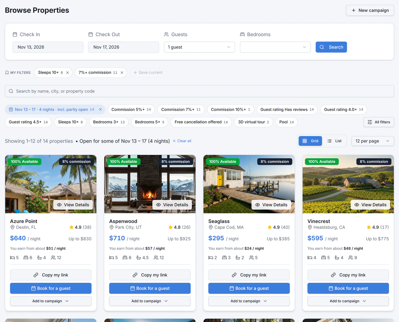 The DirectSTR partner portal: vacation homes with nightly prices, commission badges and Book for a guest buttons