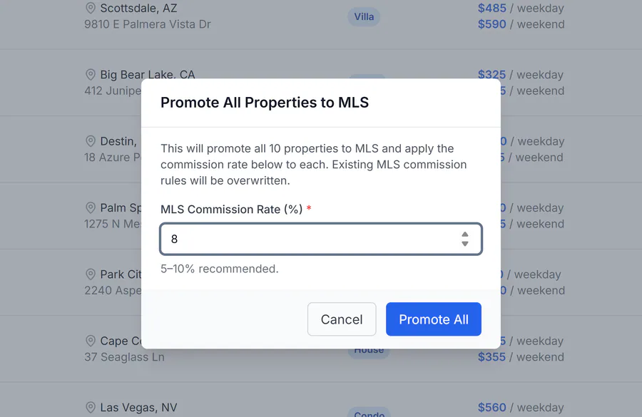 Promote All Properties to MLS dialog with an 8% commission rate